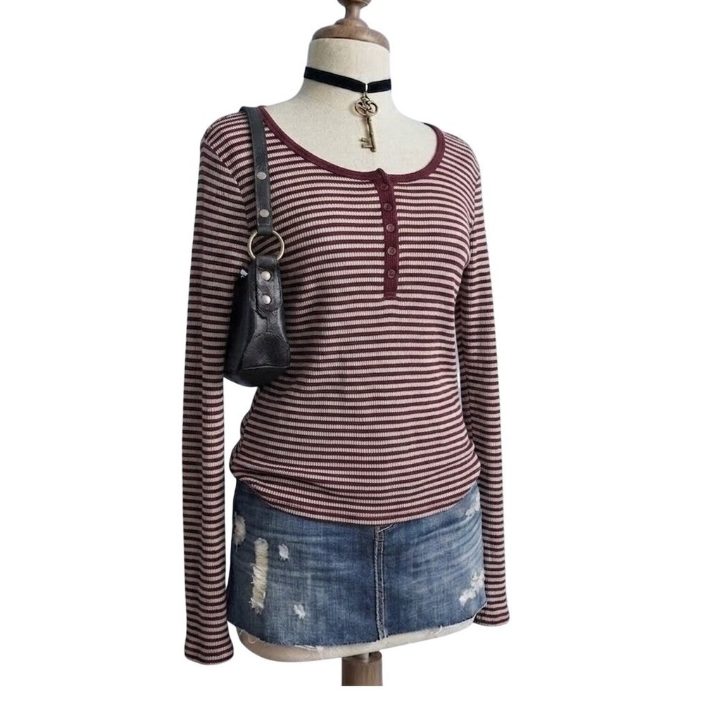 Striped Waffle Knit Henley Top Long Sleeve Xlarge Twilightcore